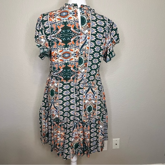 Kirundo Boho Floral Green and Orange Ruffle Sleeve Flowy Mini Dress Size Medium - Picture 12 of 16